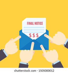 Bank Managers Pointing To The Payment Bill Overdue. Reminder Letter Of Unpaid Invoice, Debt Final Notice Warning, Envelope With Past Due Stamp. Finance And Bankruptcy Concept. Business Vector Poster.