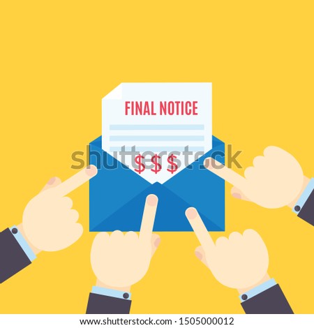 Bank managers pointing to the payment bill overdue. Reminder letter of unpaid invoice, debt final notice warning, envelope with past due stamp. Finance and bankruptcy concept. Business vector poster.