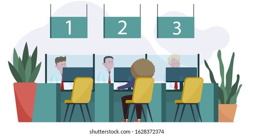 Bank managers talking to clients in lobby. Employees providing service to visitors flat vector illustration. Consulting, loan, finance concept for banner, website design or landing web page