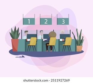 Bankmanager sprechen mit Kunden in der Lobby. Mitarbeiter, die Dienstleistungen für Besucher flache Vektorgrafik. Beratung, Darlehen, Finanzierungskonzept für Banner, Website-Design oder Landing Page