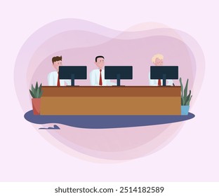 Bank managers working at computers. Employee providing service online flat vector illustration. Consulting, banking, support, finance concept for banner or website design