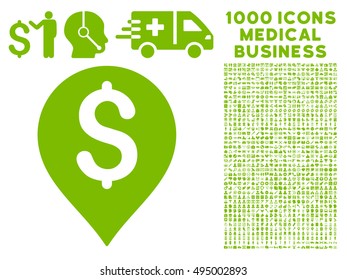 Bank Map Marker icon with 1000 medical commercial eco green vector design elements. Clipart style is flat symbols, white background.