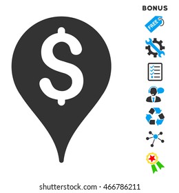 Bank Map Marker icon with bonus pictograms. Vector illustration style is flat iconic bicolor symbols, blue and gray colors, white background, rounded angles.