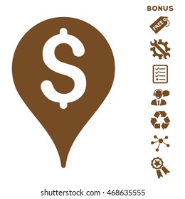 Bank Map Marker icon with bonus pictograms. Vector illustration style is flat iconic symbols, brown color, white background, rounded angles.