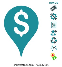 Bank Map Marker icon with bonus pictograms. Vector illustration style is flat iconic bicolor symbols, soft blue colors, white background, rounded angles.