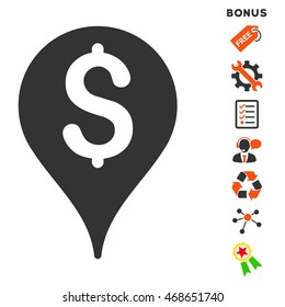 Bank Map Marker icon with bonus pictograms. Vector illustration style is flat iconic bicolor symbols, orange and gray colors, white background, rounded angles.