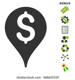 Bank Map Marker icon with bonus pictograms. Vector illustration style is flat iconic bicolor symbols, eco green and gray colors, white background, rounded angles.