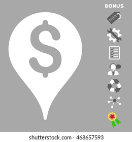 Bank Map Marker icon with bonus pictograms. Vector illustration style is flat iconic bicolor symbols, dark gray and white colors, silver background, rounded angles.