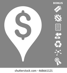 Bank Map Marker icon with bonus pictograms. Vector illustration style is flat iconic symbols, white color, gray background, rounded angles.