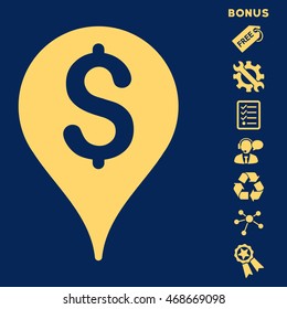 Bank Map Marker icon with bonus pictograms. Vector illustration style is flat iconic symbols, yellow color, blue background, rounded angles.
