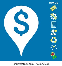 Bank Map Marker icon with bonus pictograms. Vector illustration style is flat iconic bicolor symbols, yellow and white colors, blue background, rounded angles.