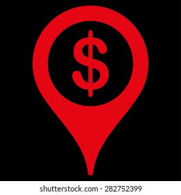 Bank map marker icon from Business Bicolor Set. Collection style: flat bicolor symbols, red and white colors, rounded angles, black background.