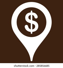 Bank map marker icon from Business Bicolor Set. Vector style: flat symbols, white color, rounded angles, brown background.