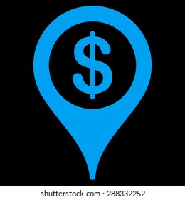 Bank map marker icon from Business Bicolor Set. Vector style: flat symbols, blue color, rounded angles, black background.