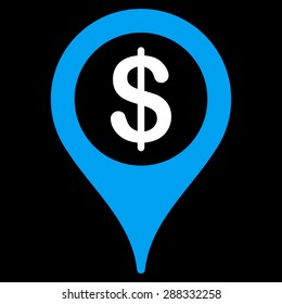 Bank map marker icon from Business Bicolor Set. Vector style: flat bicolor symbols, blue and white colors, rounded angles, black background.