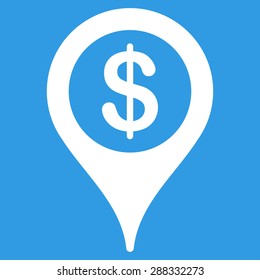 Bank map marker icon from Business Bicolor Set. Vector style: flat symbols, white color, rounded angles, blue background.