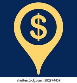 Bank map marker icon. Style: flat symbol, yellow color, rounded angles, blue background.