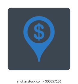Bank map marker icon. Vector style is smooth blue colors, flat rounded square button on a white background.