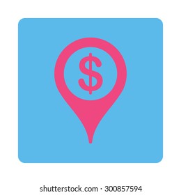 Bank map marker icon. Vector style is pink and blue colors, flat rounded square button on a white background.