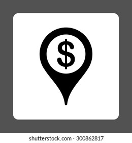 Bank map marker icon. Vector style is black and white colors, flat rounded square button on a gray background.