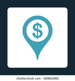 Bank map marker icon. Vector style is blue and white colors, flat rounded square button on a dark blue background.