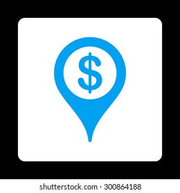 Bank map marker icon. Vector style is blue and white colors, flat rounded square button on a black background.