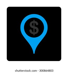 Bank map marker icon. Vector style is gray and light blue colors, flat rounded square black button on a white background.