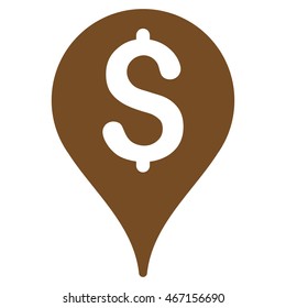 Bank Map Marker icon. Vector style is flat iconic symbol with rounded angles, brown color, white background.