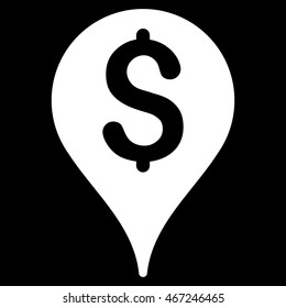 Bank Map Marker icon. Vector style is flat iconic symbol with rounded angles, white color, black background.