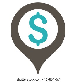 Bank Map Marker icon. Vector style is bicolor flat iconic symbol with rounded angles, grey and cyan colors, white background.
