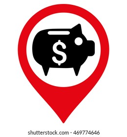Bank Map Marker icon. Vector style is bicolor flat iconic symbol with rounded angles, intensive red and black colors, white background.