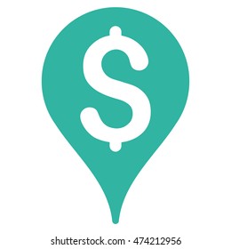 Bank Map Marker icon. Vector style is flat iconic symbol with rounded angles, cyan color, white background.