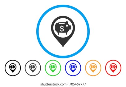 Bank Map Marker vector rounded icon. Image style is a flat gray icon symbol inside a blue circle. Additional color variants are gray, black, blue, green, red, orange.