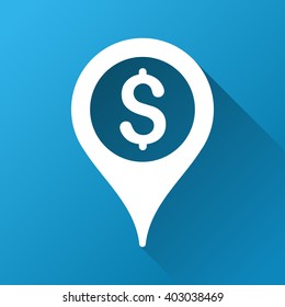 Bank Map Marker vector toolbar icon for software design. Style is a white symbol on a square blue background with gradient long shadow.