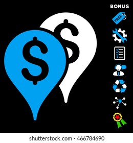 Bank Map Markers icon with bonus pictograms. Vector illustration style is flat iconic bicolor symbols, blue and white colors, black background, rounded angles.