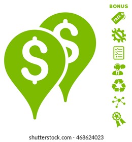 Bank Map Markers icon with bonus pictograms. Vector illustration style is flat iconic symbols, eco green color, white background, rounded angles.