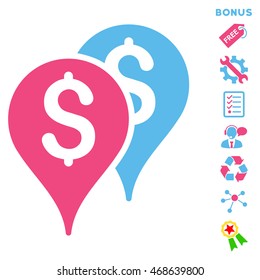 Bank Map Markers icon with bonus pictograms. Vector illustration style is flat iconic bicolor symbols, pink and blue colors, white background, rounded angles.