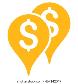Bank Map Markers icon. Vector style is flat iconic symbol with rounded angles, yellow color, white background.