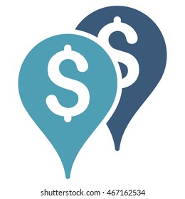Bank Map Markers icon. Vector style is bicolor flat iconic symbol with rounded angles, cyan and blue colors, white background.