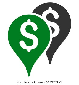 Bank Map Markers icon. Vector style is bicolor flat iconic symbol with rounded angles, green and gray colors, white background.