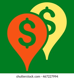 Bank Map Markers icon. Vector style is bicolor flat iconic symbol with rounded angles, orange and yellow colors, green background.