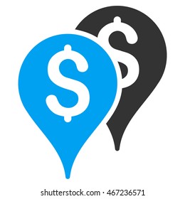 Bank Map Markers icon. Vector style is bicolor flat iconic symbol with rounded angles, blue and gray colors, white background.