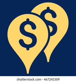 Bank Map Markers icon. Vector style is flat iconic symbol with rounded angles, yellow color, blue background.