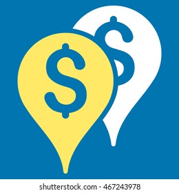 Bank Map Markers icon. Vector style is bicolor flat iconic symbol with rounded angles, yellow and white colors, blue background.