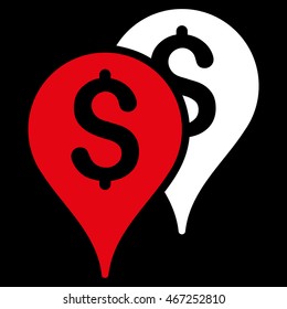 Bank Map Markers icon. Vector style is bicolor flat iconic symbol with rounded angles, red and white colors, black background.