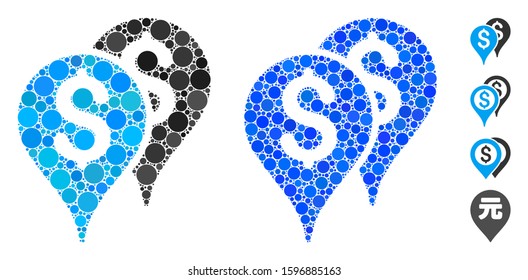 Bank map markers mosaic of circle elements in different sizes and color tints, based on bank map markers icon. Vector circle elements are grouped into blue mosaic.