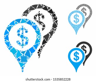 Bank map markers mosaic of uneven elements in various sizes and color tints, based on bank map markers icon. Vector tremulant dots are grouped into collage.