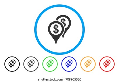 Bank Map Markers rounded icon. Vector illustration style is a grey flat iconic bank map markers symbol inside a circle. Additional color variants are black, grey, green, blue, red, orange.