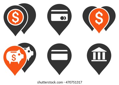 Bank Map Markers vector icons. Pictogram style is bicolor orange and gray flat icons with rounded angles on a white background.