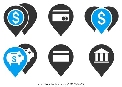 Bank Map Markers vector icons. Pictogram style is bicolor blue and gray flat icons with rounded angles on a white background.